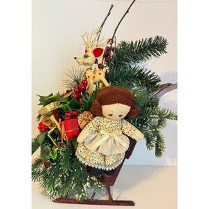 Vintage Handmade Christmas Reindeer Dolls in Sleigh with Greenery Holiday Decor